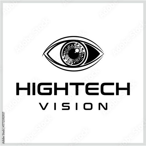 Stylized cyber eye logo with a digital iris, a futuristic vector emblem representing technology, vision, and security surveillance concepts