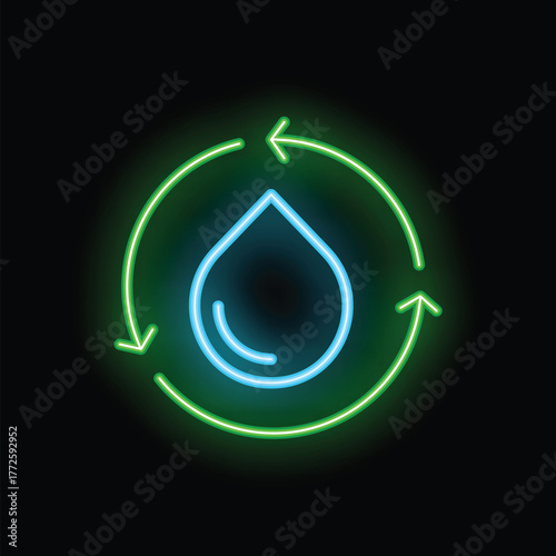 Neon water drop recycling symbol with green arrows emphasizing the concept of water conservation