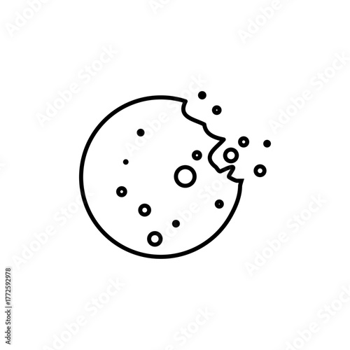 A single, isolated icon of a cookie with crumbs. Sweets. Good mood. Vector black and white illustration. Can be used in a mobile app, website, and advertising.