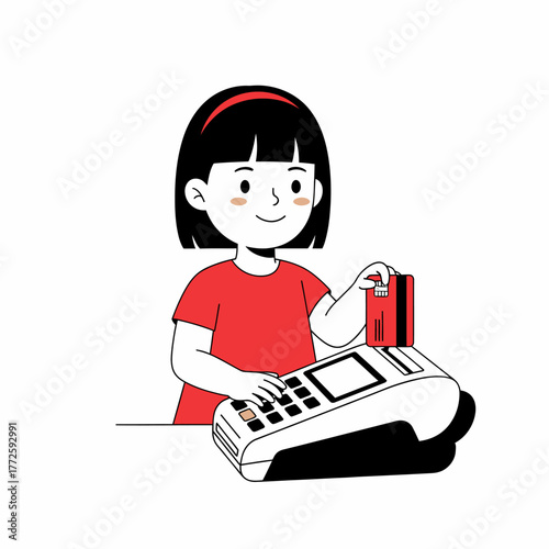 Cute cartoon girl making a payment with a credit card terminal.
