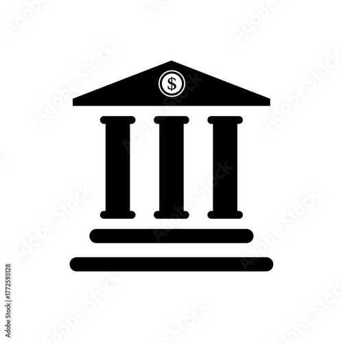 Classic bank building icon vector with pillars and dollar sign, symbolizing finance, banking, savings, economy, and institution