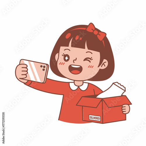 Happy little girl unboxing a delivery package and taking a selfie with her smartphone.