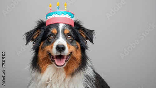 Cute dog with a birthday cake headpiece against a gray backdrop