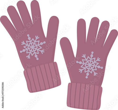 Illustration of pink winter gloves with snowflakes. Winter feminine accessory isolated on white background