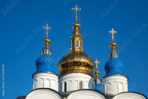 St. Sophia Cathedral domes against the blue sky. Tobolsk Kremlin, Tyumen region, Russia