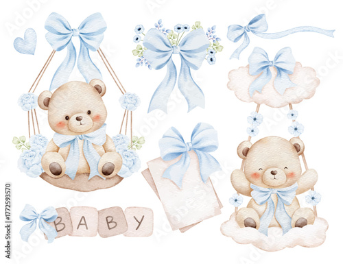 Watercolor Illustration Set of Baby Teddy Bears and Nursery Elements