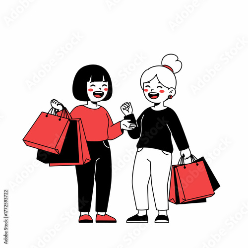 Two cheerful women enjoying a shopping spree with bags.