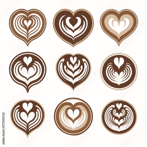 Nine latte art hearts in brown and white on white background coffee foam.