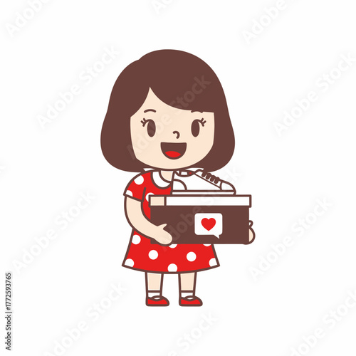 Cute cartoon girl happily holding a new shoebox of sneakers.