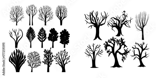 This modern flat design set comprises a collection of hand-drawn trees with and without leaves, showcasing a range of botanical elements in lush green hues