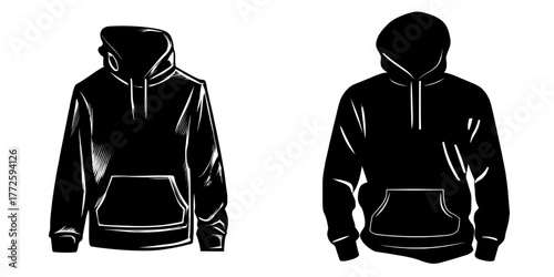Technical drawing fashion flat sketch template for kids showcasing a long sleeve hoodie with a pocket in modern illustration