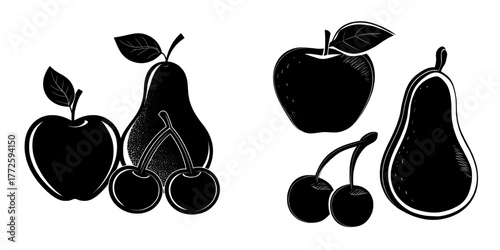 A set of retro fruit stickers with vintage 1980s style illustrations of apple, cherry, and pear, designed as flat badges or patches for packaging and labeling healthy fresh produce, organic foods,