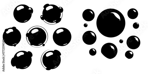 Abstract black dot spheres and round paint spray shapes are depicted in a modern realistic illustration, featuring gradient color circular objects and a global network symbol, all set against a white