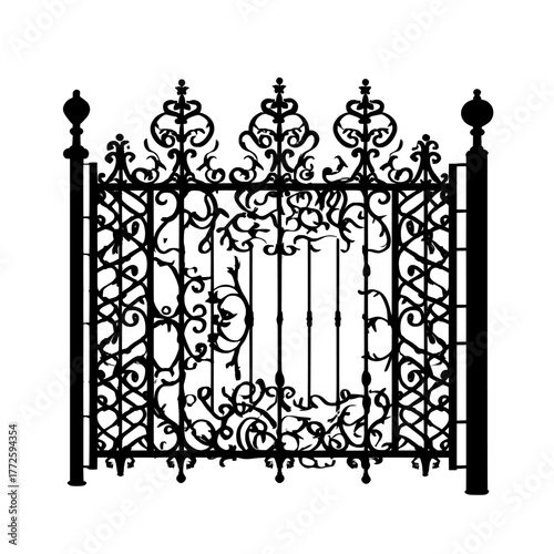 A set of ornate black decorative fencing or gates featuring Victorian-style wrought iron railings and a baroque forged pattern is presented as a cast balustrade with metal boundary grating