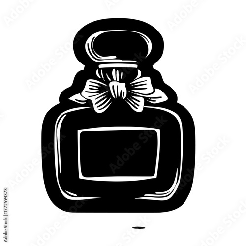 Feminine pink perfume is depicted through a cute flat icon, incorporating a beautiful doodle design that accentuates its charm