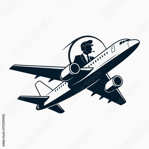 Silhouette of pilot in uniform inside airplane cockpit in flight travel.