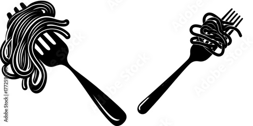 Illustration of spaghetti noodles being twirled by a cartoon fork, presented in a modern flat style on white