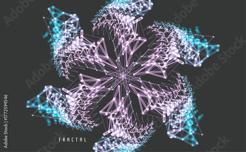 Complex mesh object. Snowflakes. 3D connection structure. Design element. Abstract symmetrical symbol. Grid. Illustration for brochure, poster, cover, card, presentation, flyer or banner.
