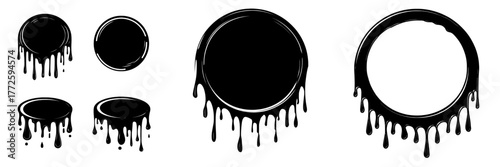 Image of a circle with molten edges and a drip collection - black liquid paint droplets flowing downwards around rounded shapes, dissolving silhouettes with diverse dripping patterns. Grunge style