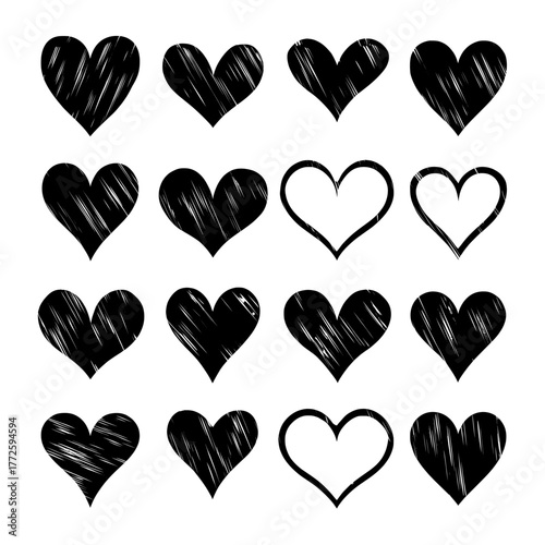 Modern illustration features a set of blurry heart shape icons isolated on the background with different neon love symbols and an abstract y2k aesthetic