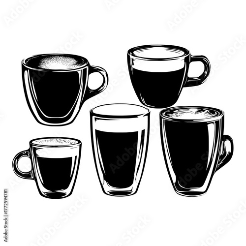 Realistic coffee drinks, such as espresso and americano, cappuccino, latte macchiato, and flat white, are presented in double wall glass cups with distinct crema, froth, and milk foam layers