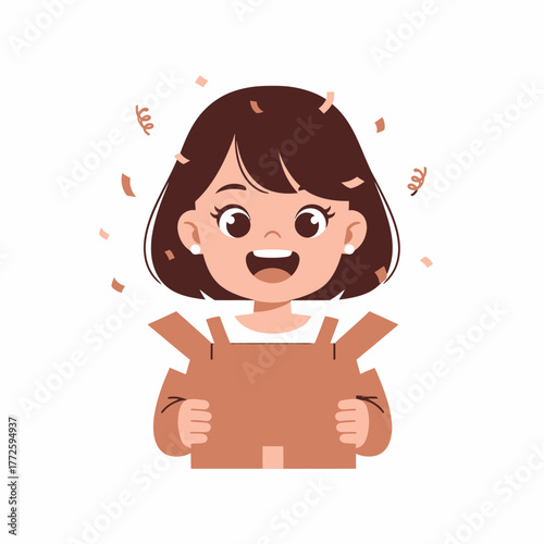 Excited girl opening a gift box with a big smile and joy.