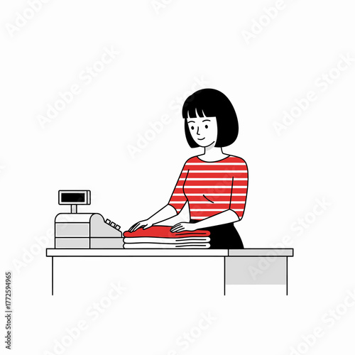 Cashier at Checkout Counter with Red Striped Shirt.