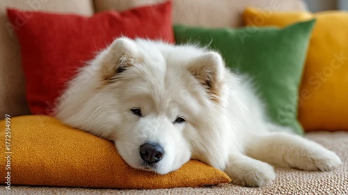 Samoyed dog resting on colorful cushions in cozy living room  