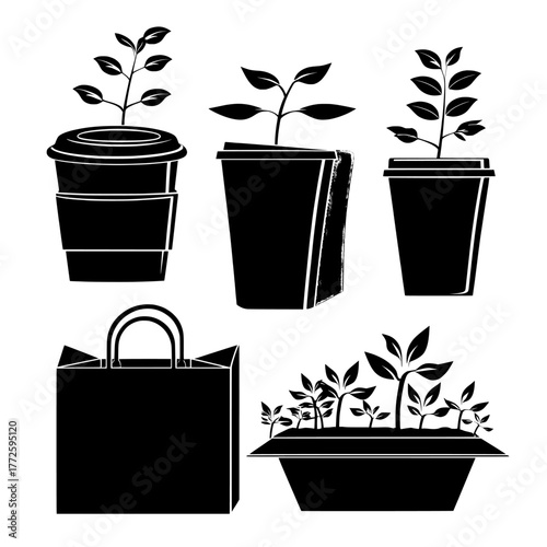 Sustainable food packaging concept featuring recycled boxes, coffee cups, and bags, all made from eco-friendly takeaway paper with growing plants, promoting a zero-waste restaurant idea