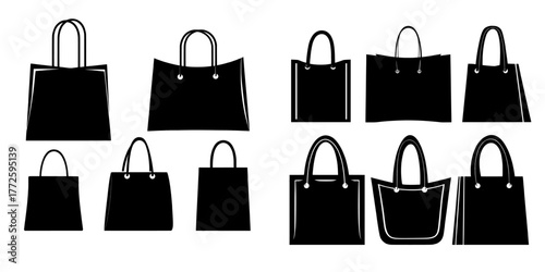 Collection of black fabric tote bag mockups for shopping and retail purposes, featuring elegant minimalist designs with handles in various shapes isolated on a white background for branding and