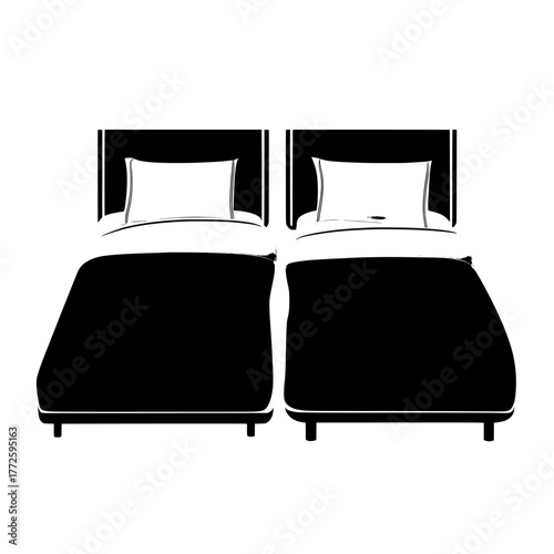 Modern bedroom furniture is showcased through a mockup featuring beds in double and single sizes, viewed from the top, with white pillows and blankets, black frames, and a headboard, designed for