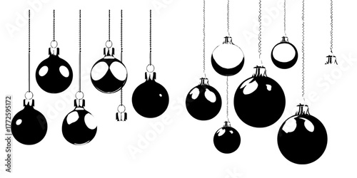 A set of Christmas tree baubles in a 3D realistic glass style is available, featuring green, silver, gold, white, and red ornaments suspended from strings with golden caps, all isolated on a white