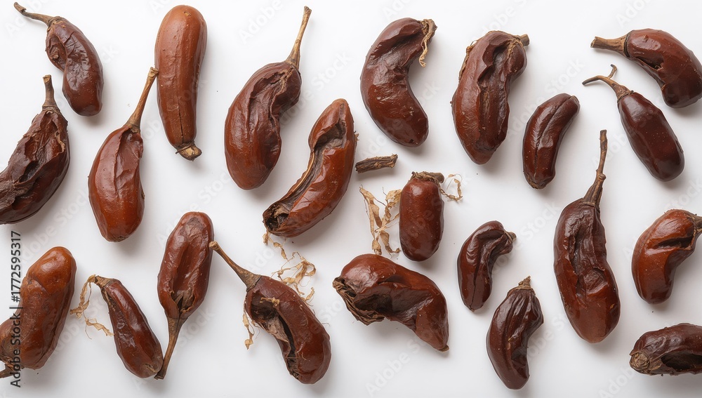Obraz premium Fresh tamarind fruits on a light backdrop, fiber-dense choice