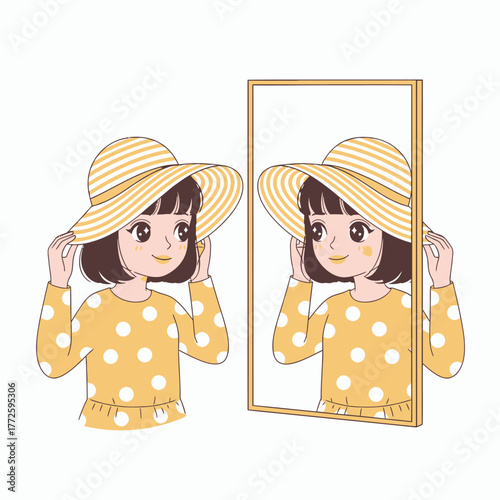 Cute cartoon girl in a yellow polka dot shirt trying on a summer hat in the mirror.