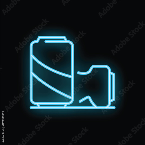 Bright blue neon sign showing an aluminium can crushing under pressure on black background