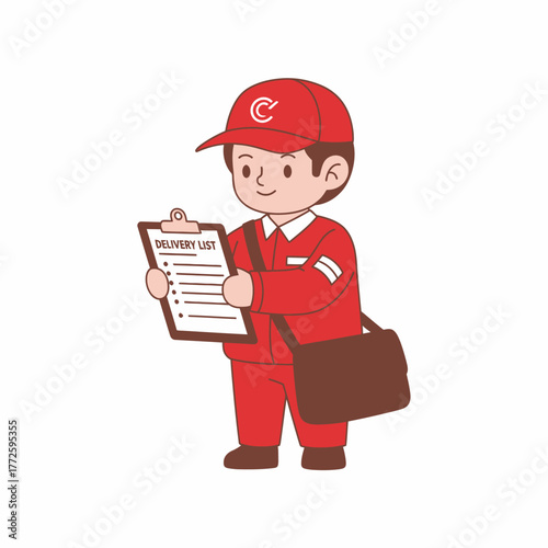 Delivery person in red uniform holding a delivery list.