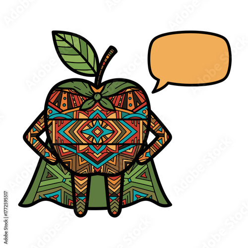 Colorful superhero apple character with speech bubble for messaging  