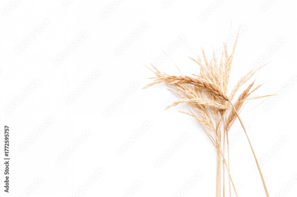 Fototapeta premium Single paddy rice stalks displayed on a plain white backdrop