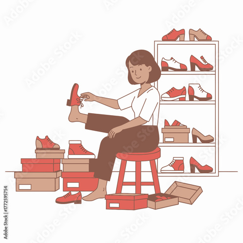 Woman Trying on Shoes Surrounded by Shoe Boxes.