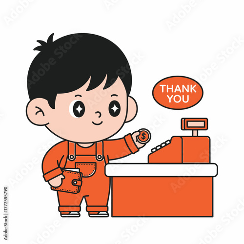 Cute cartoon boy in orange overalls paying at a cash register.