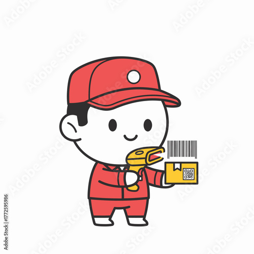 Delivery worker scanning package with barcode reader for shipping process.