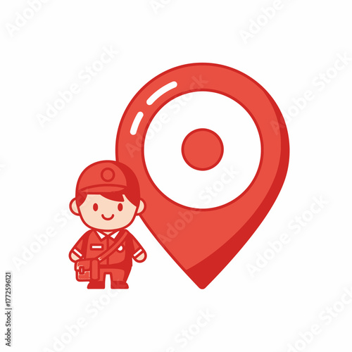 Cute cartoon postman character with a large red location pin.