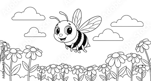 A delightful coloring page showcasing a bee flying over a field of flowers under a cloudy sky for creative coloring fun
