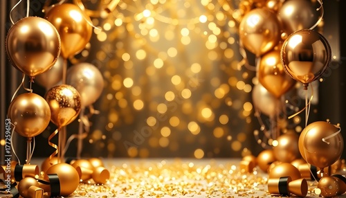 A luxurious party backdrop featuring floating gold balloons and sparkling confetti, with empty space in the center for text.