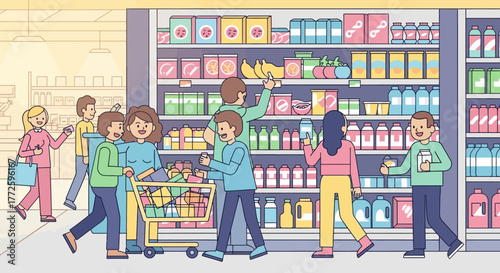 Illustration of people shopping in a grocery store with shelves full of products.