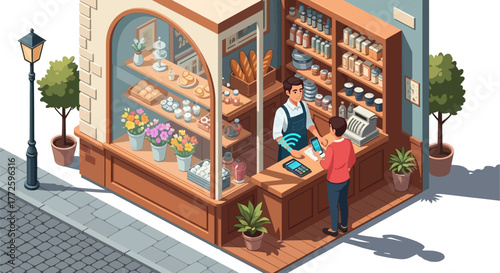 Isometric view of a bakery with a customer and a baker.