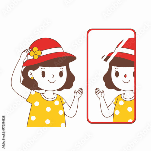 Cute cartoon girl trying on a stylish red hat in the mirror.