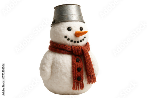 Snowman with bucket hat and red scarf. Winter classic.