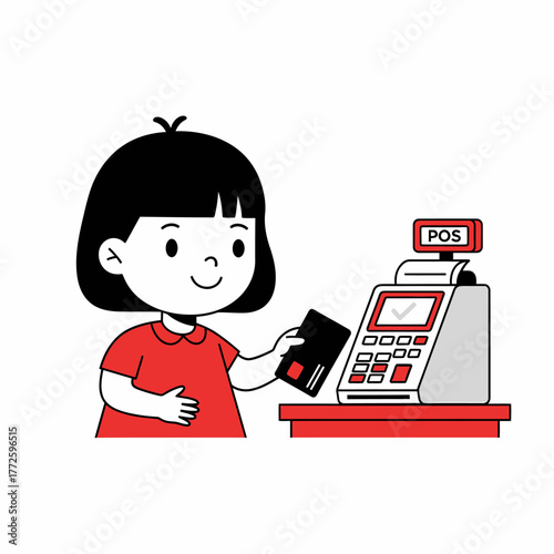 Girl Paying with Card at Cash Register in Cartoon Style.