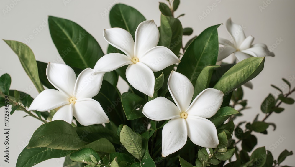Fototapeta premium Beautiful White Gardenia jasminoides Blooms Accompanied by Green Foliage, enhancing garden aesthetics